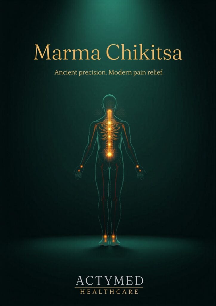 Marma Chikitsa treatment illustration showing glowing Marma points on the human body — Actymed Healthcare Kerala